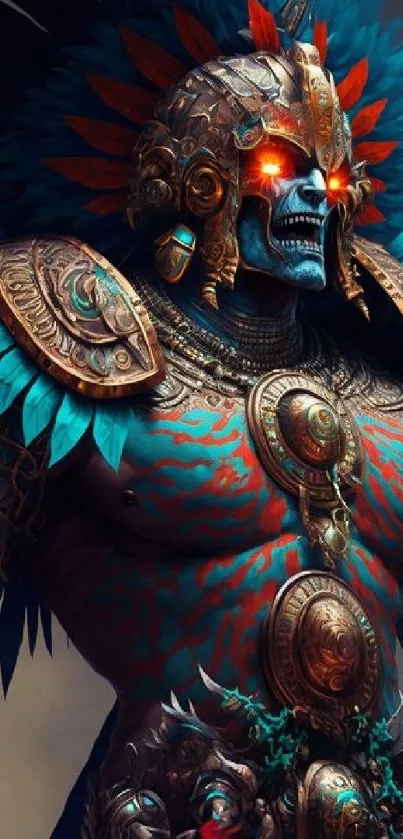 Epic fantasy warrior with vibrant teal armor and glowing eyes in detailed artwork.