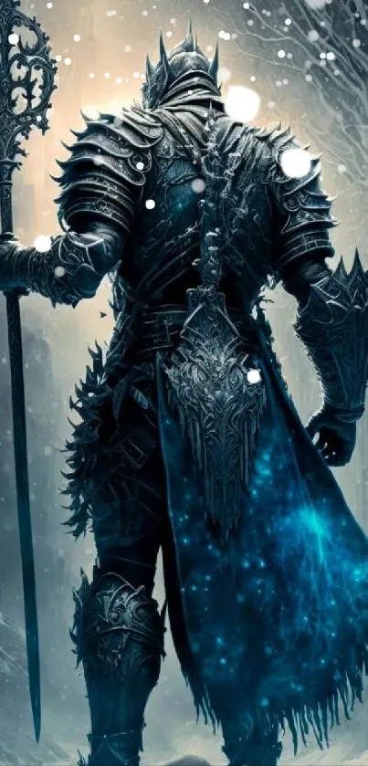 Armored warrior stands in a mystical, frozen doorway, showcasing epic fantasy art.