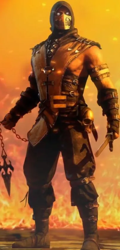 Epic warrior stands amidst fiery background.