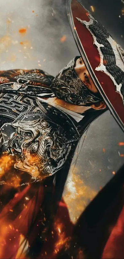 Epic warrior in fiery armor with intense design backdrop.