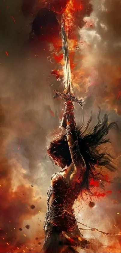 Warrior with flaming sword in fiery atmosphere.