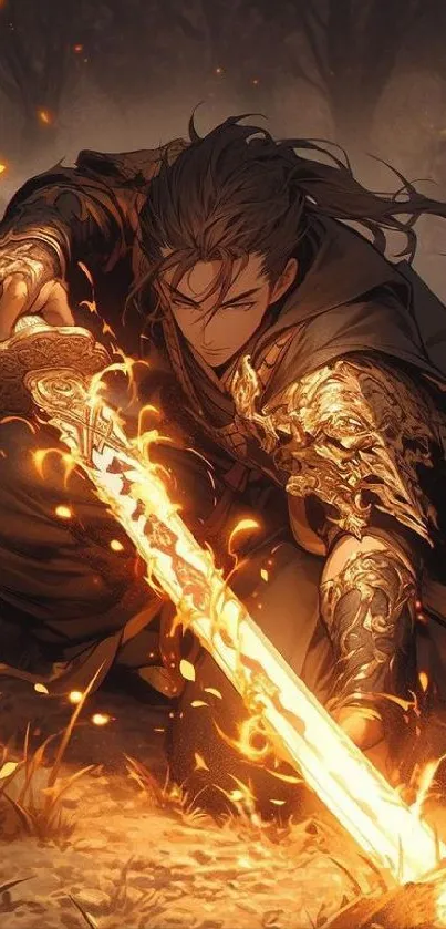 Epic warrior with flaming sword, intense and fiery look.