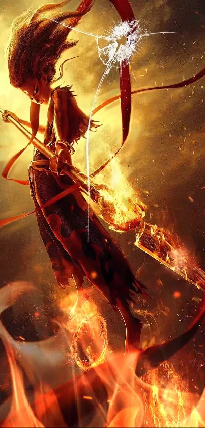 Epic fiery warrior standing in flames with a dramatic pose.