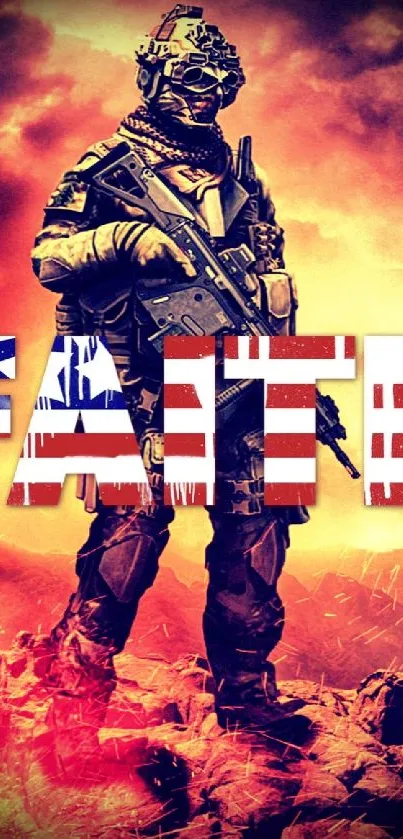 Warrior stands boldly against a fiery backdrop with 'Faith' emblazoned across.