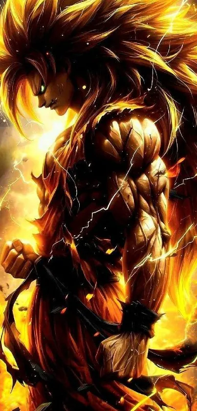 Anime warrior engulfed in vibrant flames with a powerful stance.