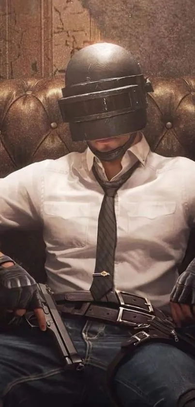 Warrior seated with helmet in an intense gaming scene.