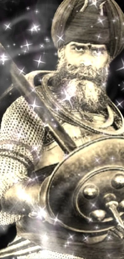 Epic warrior in chainmail with stars background.