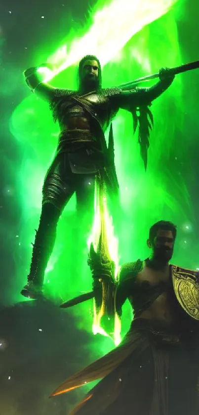 Warriors with green glowing aura in fantasy art.