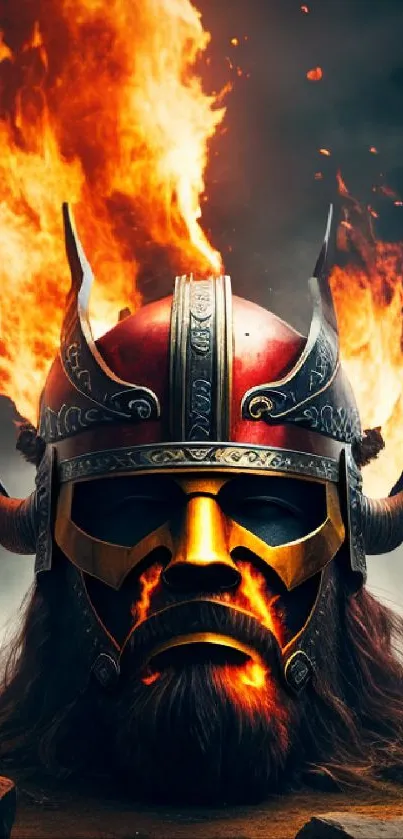 Warrior helmet engulfed in flames with epic visual style for mobile wallpaper.