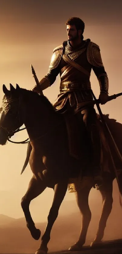 Epic warrior on horseback against sunset in a dramatic mobile wallpaper.