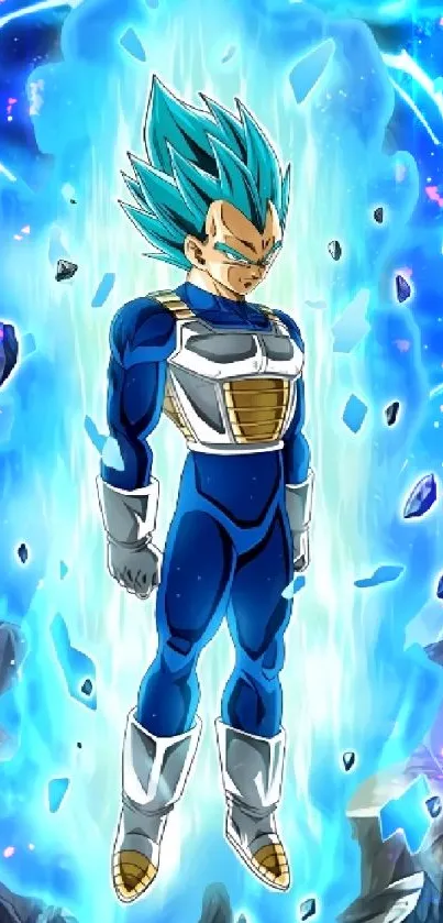 Anime warrior with blue aura in action pose.