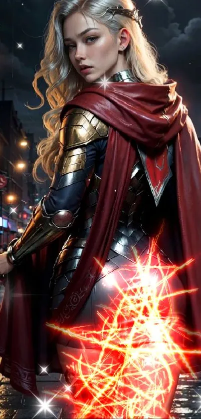 Warrior in metallic armor with red cape in nighttime city scene.