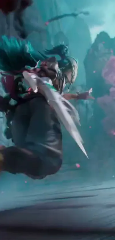 Epic warrior in a fantasy world with cherry blossoms.