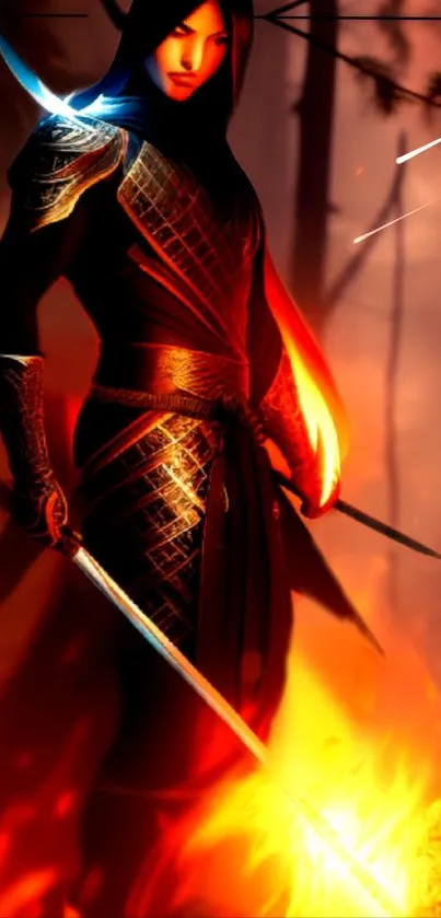 Epic warrior with fiery armor and sword against a vibrant backdrop.