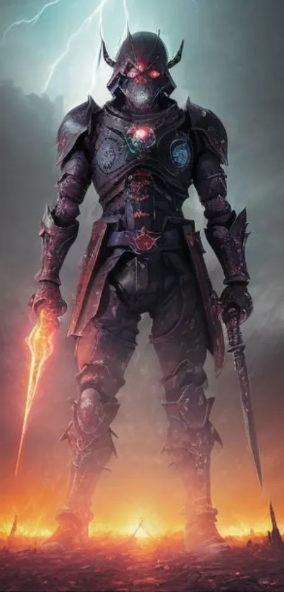 Epic warrior in fiery armor with blazing weapons in a dramatic fantasy scene.