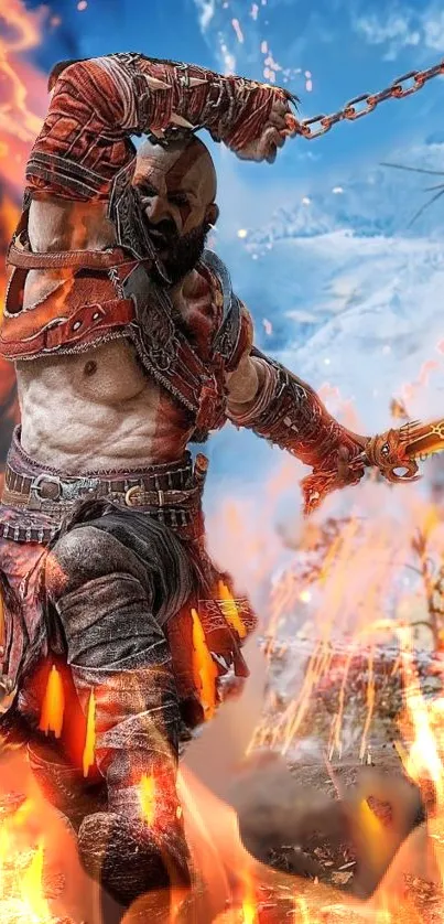 Fierce warrior amidst fiery flames on mobile wallpaper.