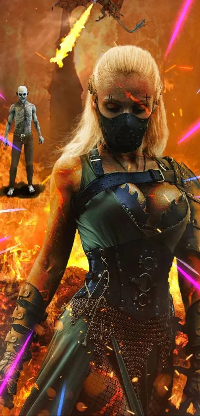 Fierce warrior in dark armor stands amidst blazing fire, creating an epic scene.