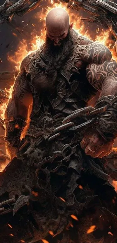 Epic warrior wrapped in chains with fiery backdrop.