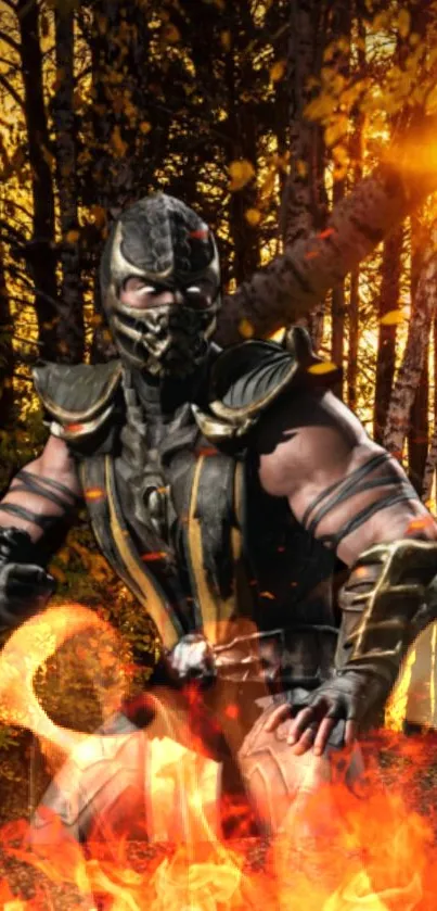 Epic armored warrior in a fiery forest scene.