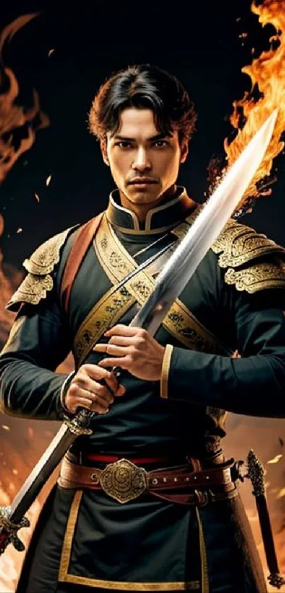 Fierce warrior holding a sword with fiery background.