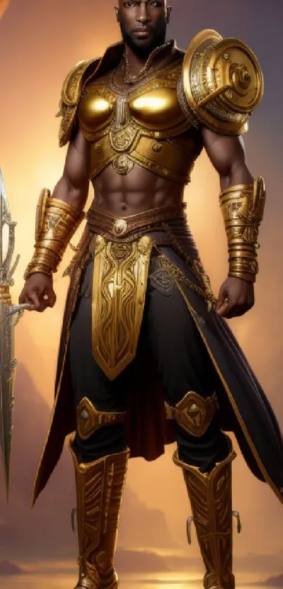 Warrior in golden armor holding a sword, set against an epic fantasy background.