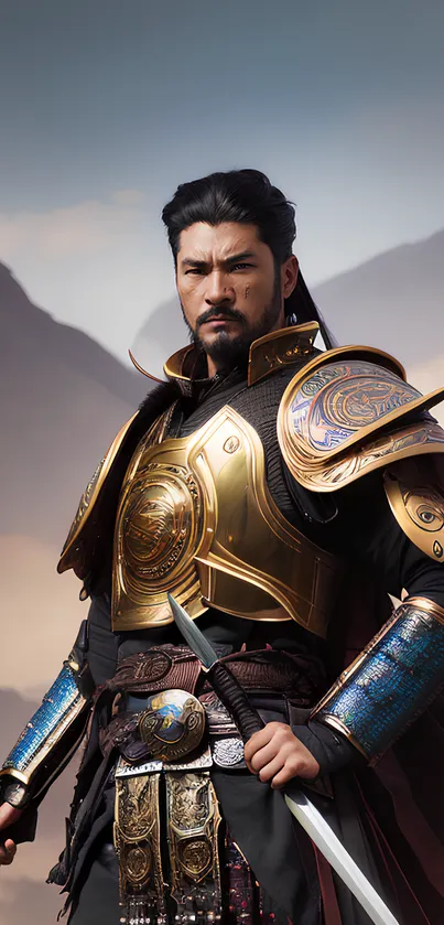 Epic warrior in golden armor with mountains.