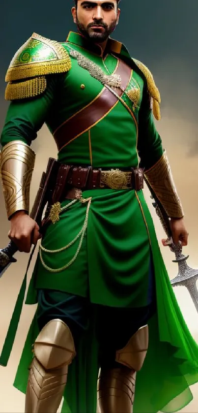 A heroic warrior in green armor holds two swords against a dramatic sky background.