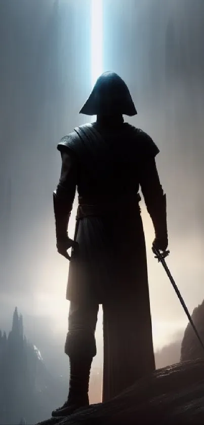 Warrior silhouette with sword in misty, mountainous landscape and dramatic light.