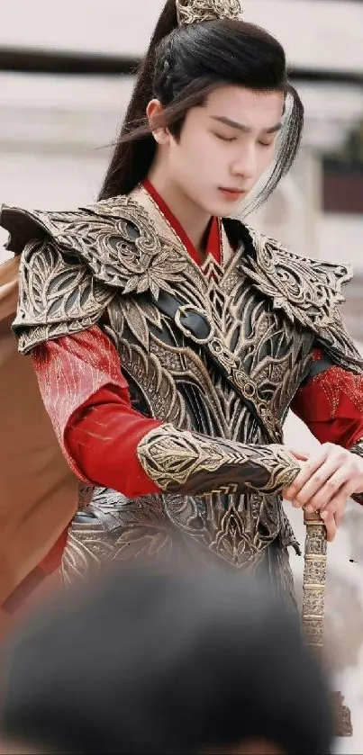 Regal warrior in ornate red armor holding a sword.