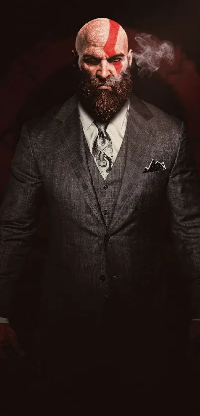 Wallpaper of a warrior in a suit with a red stripe and smoke effect.