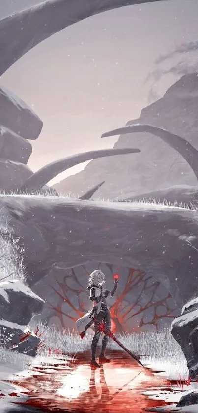 Warrior in a snow-covered landscape with red accents in winter fantasy art.