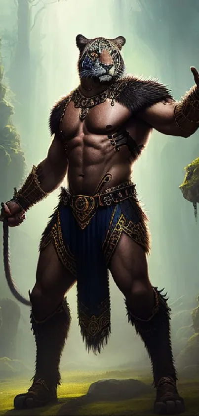 Epic fantasy warrior in mystical jungle setting.