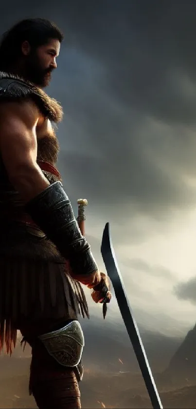 Epic warrior standing before a stormy, mountainous landscape.