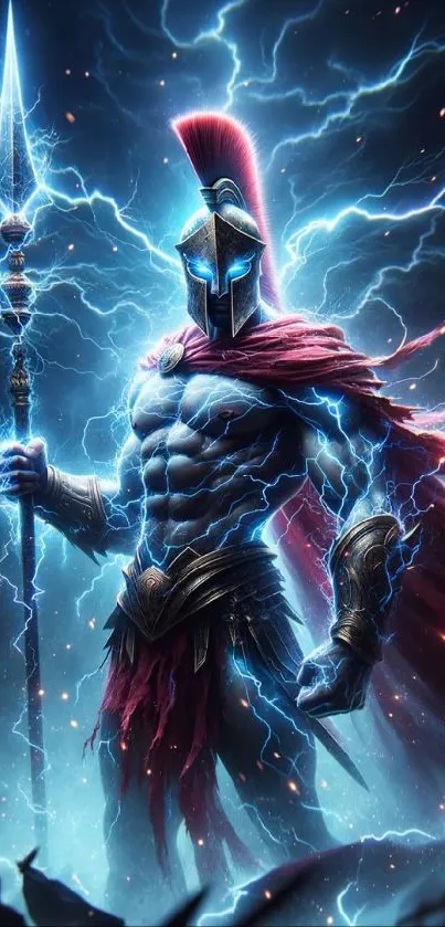 Epic warrior in armor with lightning and electric blue accents.