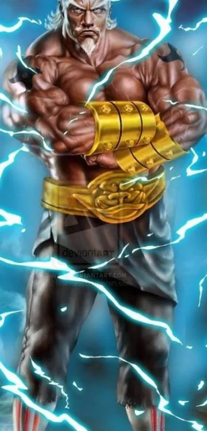 Muscular warrior with blue lightning background for mobile wallpaper.