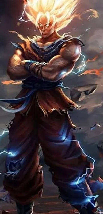 Anime warrior with lightning in dramatic sky wallpaper.