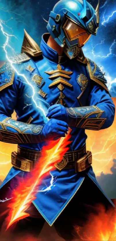 Epic warrior in blue armor with lightning and fiery sword.