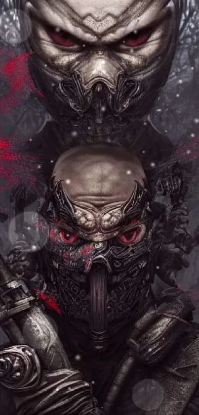 Warrior mask with red eyes and intricate armor on a dark background.