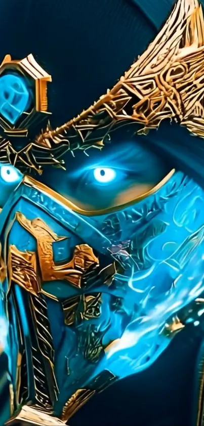 Fantasy warrior with a glowing mask and intricate details.