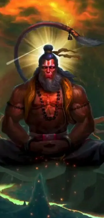 Epic warrior meditating in a vibrant, mystical landscape wallpaper.