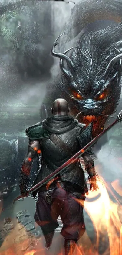 Warrior faces a fierce, fiery dragon in a stunning fantasy battle scene.