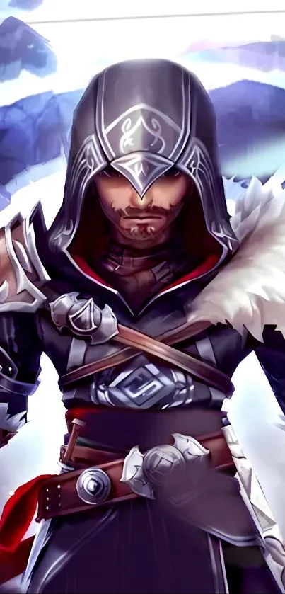 Hooded warrior in armor with a fantasy background.