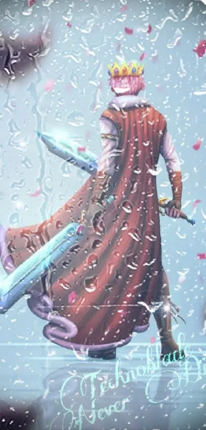 Heroic figure with crown and sword on mobile wallpaper.