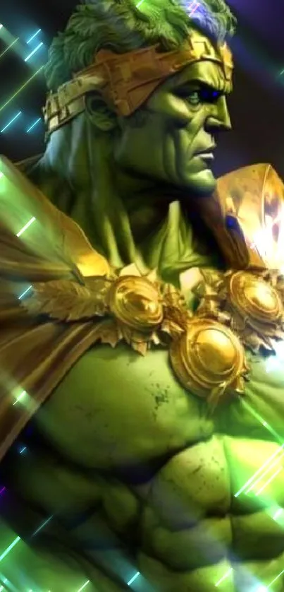 Epic green warrior with golden armor on mobile wallpaper.