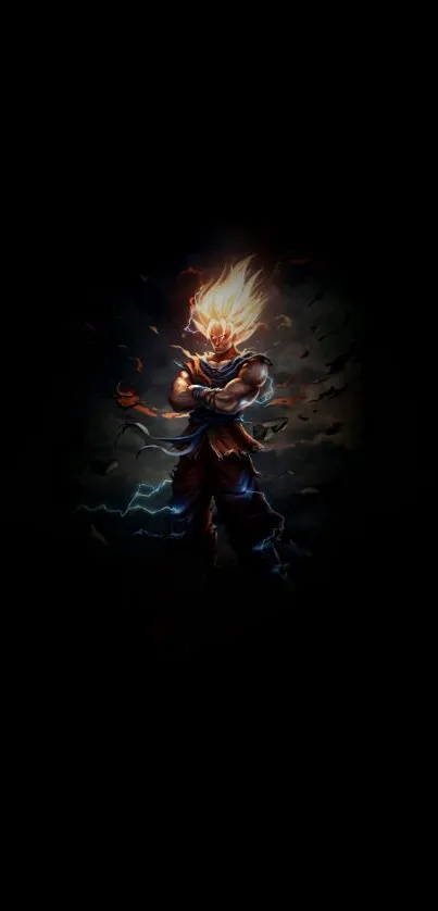 Epic warrior glowing with energy in a dark, dynamic mobile wallpaper.