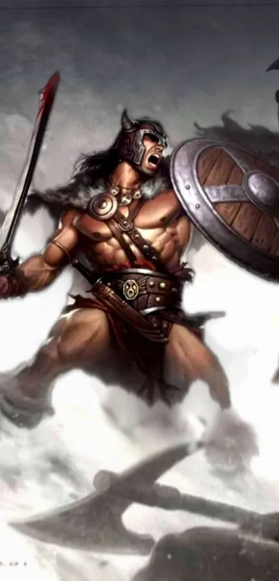 Epic fantasy warrior with sword and shield.