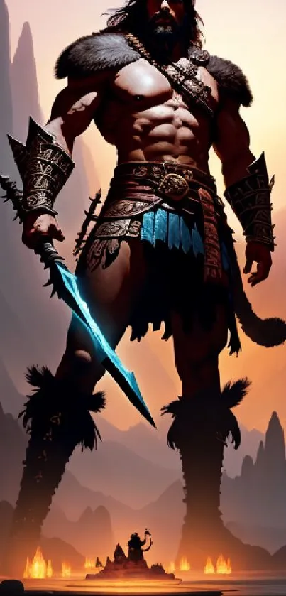 Epic warrior with sword in mystical landscape mobile wallpaper.