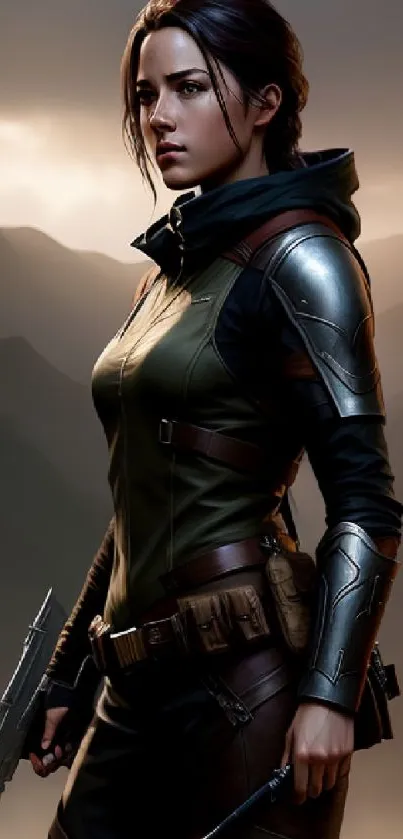 Epic female warrior in armor against mountains.