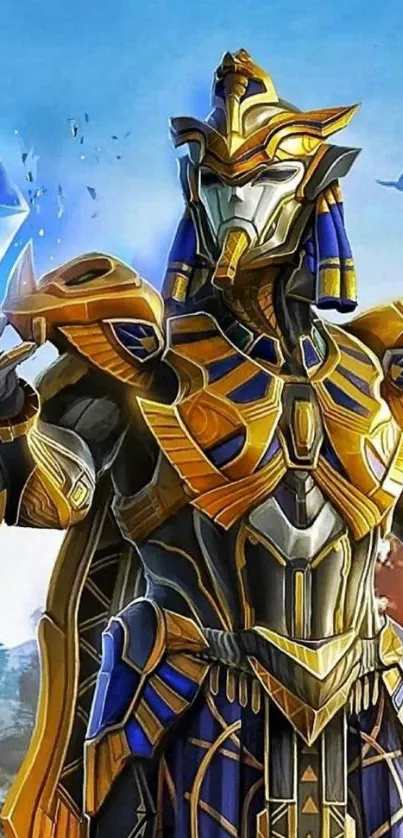 Epic golden warrior holding a crystal on a fantasy wallpaper.