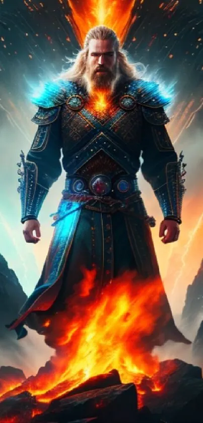 Epic warrior stands amid fiery landscape with glowing armor, perfect for mobile wallpaper.